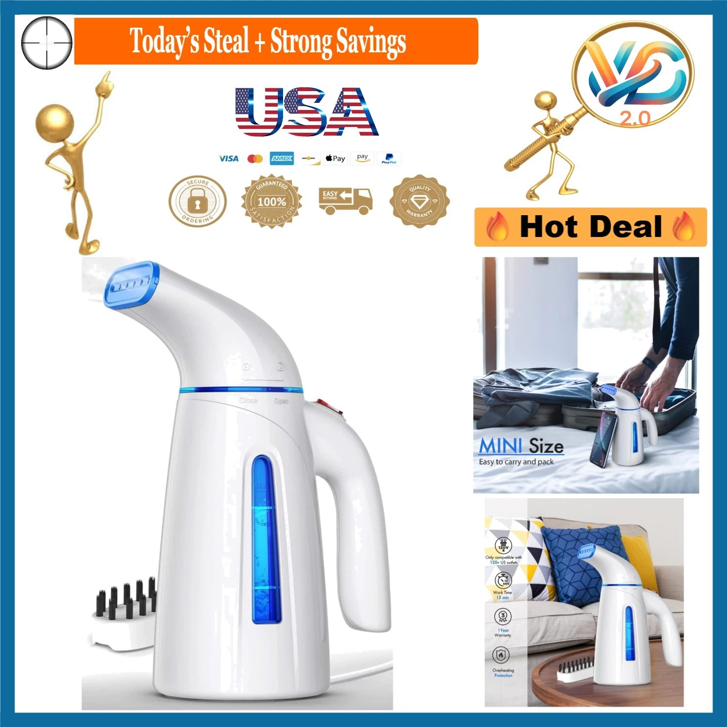 Blue Handheld Clothes Steamer 240ML 700W Portable Travel Iron