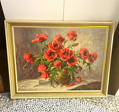E.rich Krüger (1897-1978) Berlin Poppies Still Life Oil on Canvas Framed