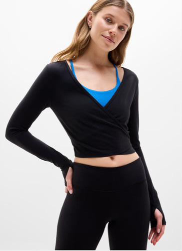 Athleta Transcend Long Sleeve Wrap Top Athletic Yoga Workout Size Large Black
