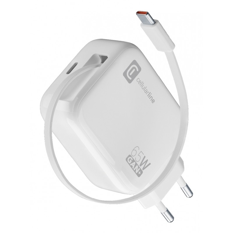 Cellularline Retractable Power 65W Caricabatterie da rete 65W con cavo retrattil