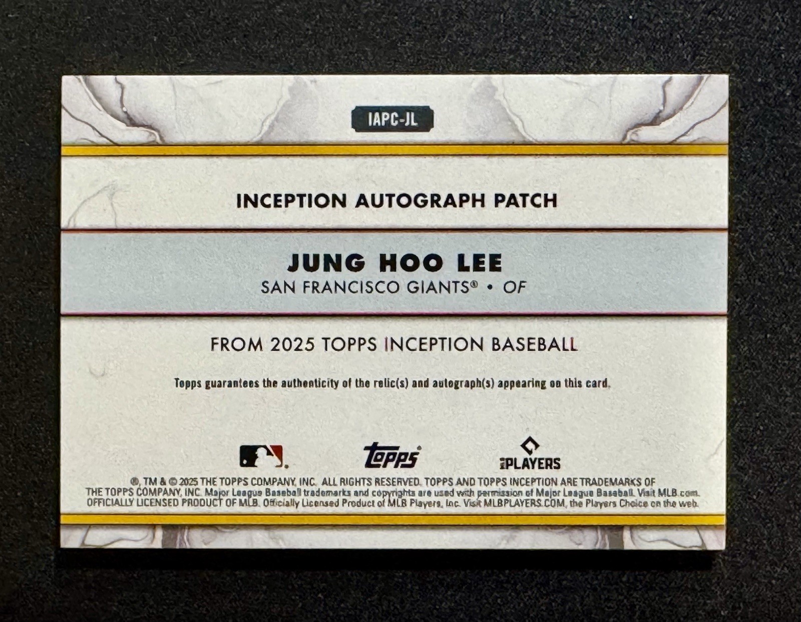 2025 Topps Inception JUNG HOO LEE 1/1 Auto Patch MLB Logoman view 3