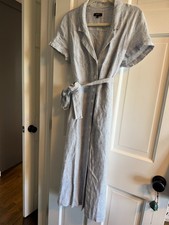 Quince 100% European Linen Button Front Midi Shirt Dress Medium blue  Stripe