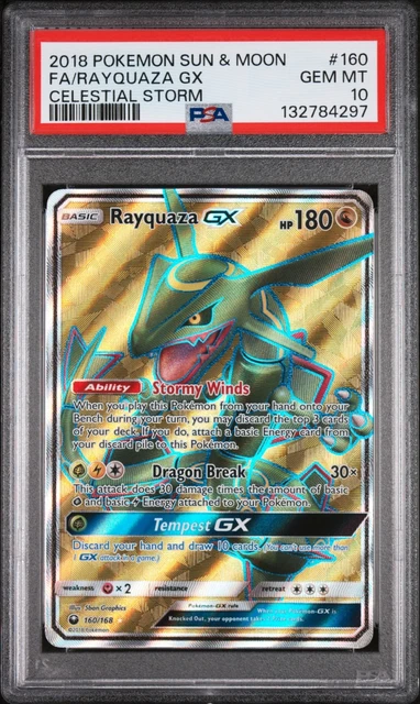 2018 POKEMON SUN & MOON CELESTIAL STORM #160 FULL ART/RAYQUAZA GX PSA 10