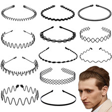 12 Pieces Metal Headband for Men Adjustable Wavy Black Hair Band Non-Slip Hair H