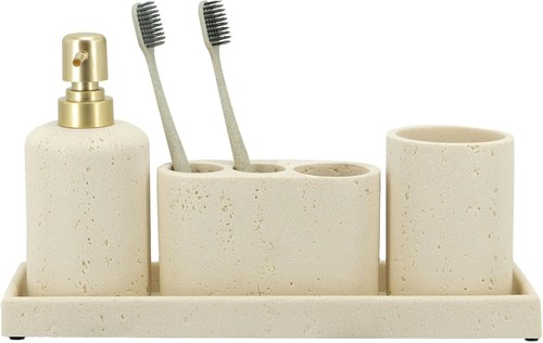 Beige Bathroom Accessories Set 4 Pcs - Toothbrush Holder, Soap Dispenser, Va