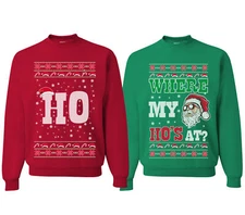 Where My Hos At Funny Matching Couple Sweatshirts Ugly Christmas Sweater