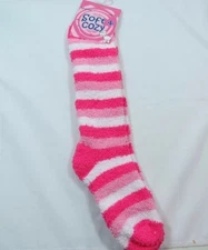 FUZZY SLIPPER SOCKS EXTRA LONG 18" Pink white STRIPED Size 9-11 Cozy D