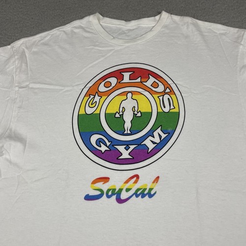 Gold’s Gym Shirt Adult XL White Rainbow Short Workout Spell Out SoCal Rare - Picture 2 of 8