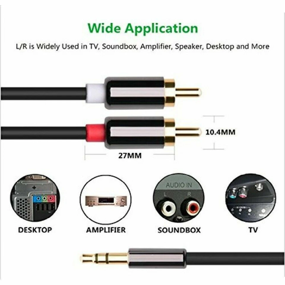 2m Pro Audio Metal 3.5mm Stereo Jack to 2 RCA Phono Plugs Cable Gold [Black] - Image 3 of 3