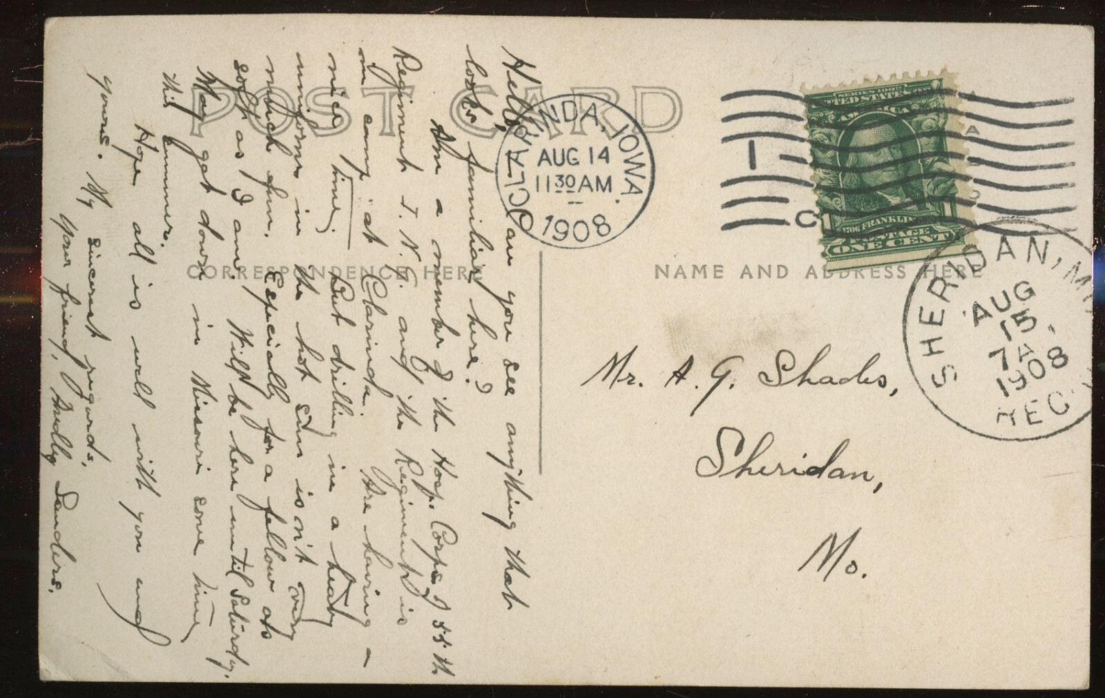 I.N.G. 55th Regiment, CLARINDA, IOWA Photo Post Card IOWA NATIONAL