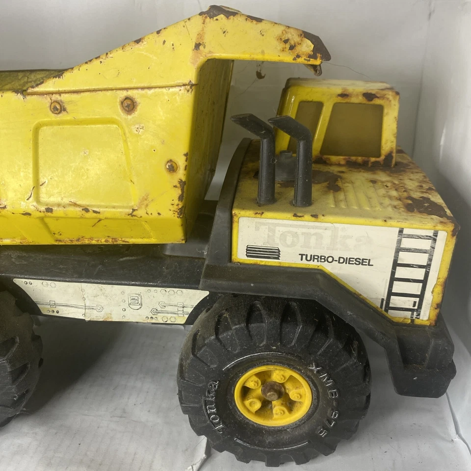 Vintage 1980s 16” Mighty Tonka XMB-975 Metal Dump Truck Yellow Turbo Diesel - Image 2 of 4