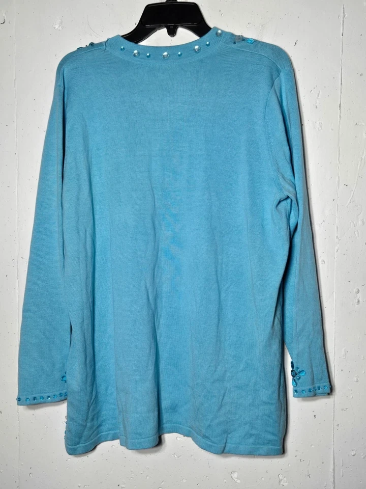 Quacker Factory Womens Blue Beaded V-Neck Sweater Plus Size 1X Embellished Boho - Image 2 of 4