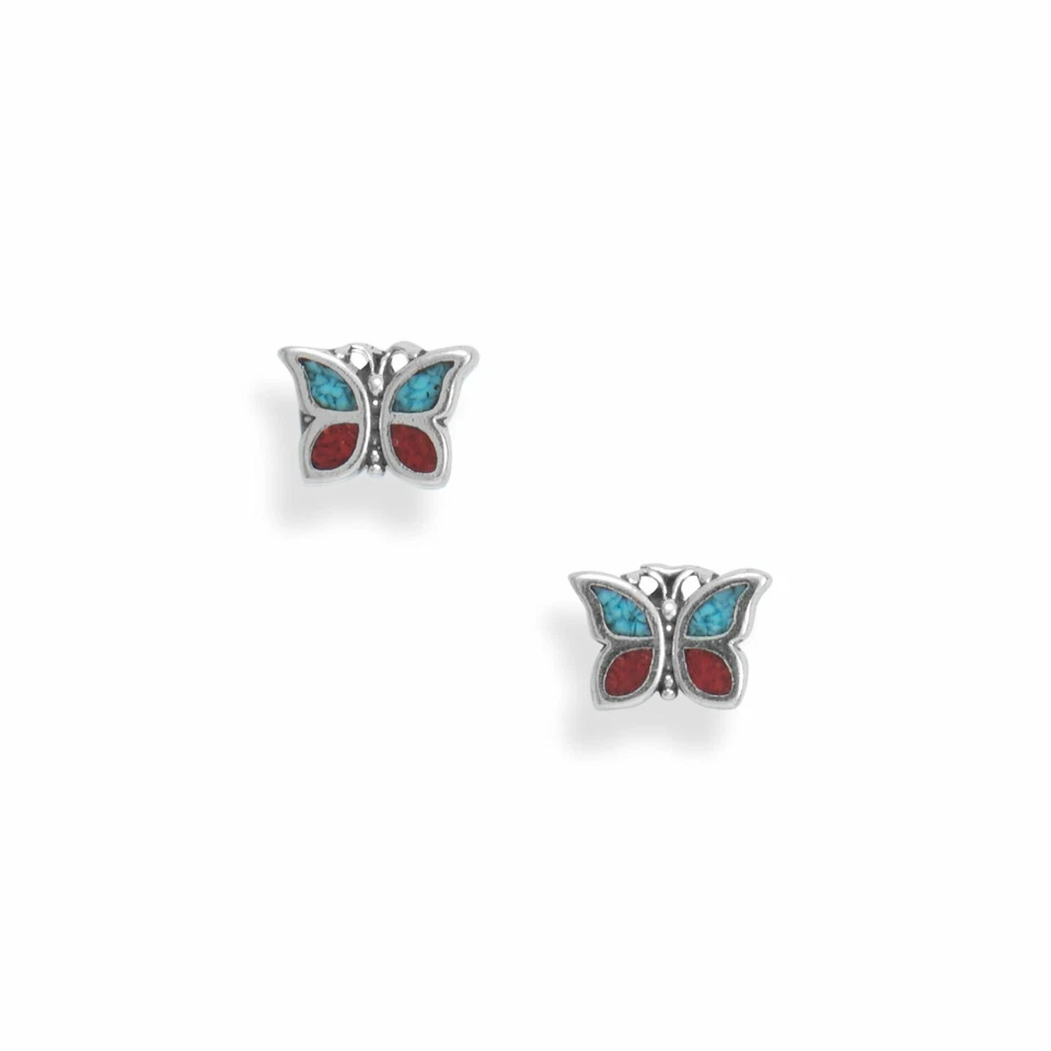Dainty 925 Sterling Silver Coral & Turquoise Chip Butterfly Studs Womens Earring - Image 2 of 2