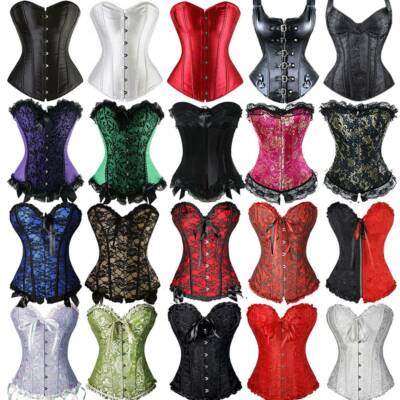 Women Lace Up Boned Bustier Corset Overbust Waist Cincher Burlesque Top Lingerie