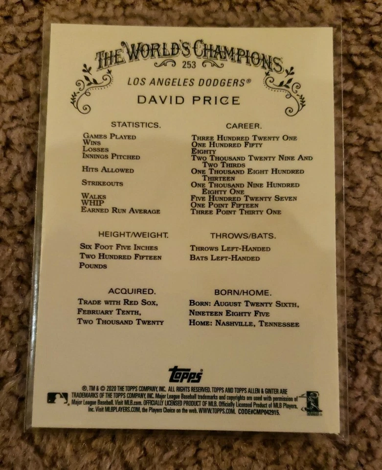 2020 Topps Chrome Allen Ginter #253 David Price Base Card Los Angeles Dodgers - Image 2 of 2