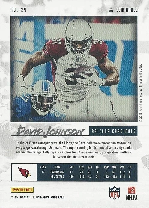 2018 Panini Luminance David Johnson #/99 Arizona Cardinals Iowa - Image 2 of 3