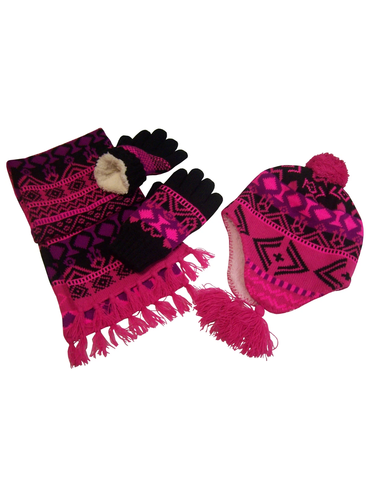 NICE CAPS Big Girls Kids Children Geo Knit 3PC Hat Scarf Gloves Winter Snow Set