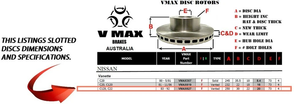 R SLOT fits NISSAN Vanette C120 C22 1983-1992 FRONT Disc Brake Rotors & PADS - image 2 of 4