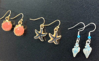 Earrings 3  Pr Gold & Silver Tone Starfish, Conch Shells Clam Shells. Drop = 1''