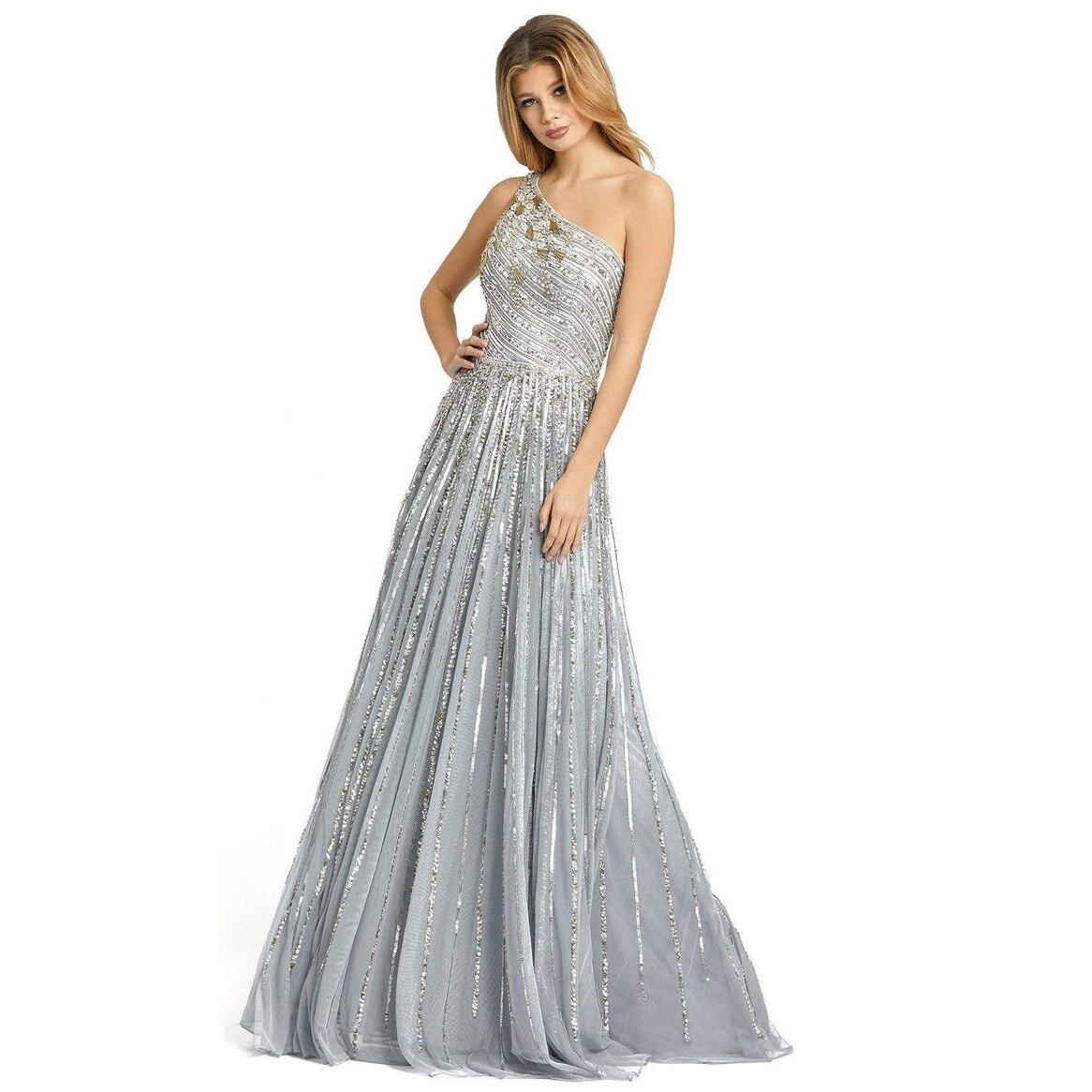 navy blue dress for baby girl Mac Duggal 5220 Platinum Embellished One Shoulder A-Line Gown Size 14 NWT