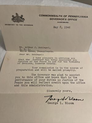 1946 Letter DENISON Luzerne County Pennsylvania JUSTICE OF PEACE Letter