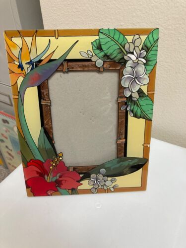 Tropical Faux Stained Glass Picture Frame - Bird of Paradise, Hibiscus, Bamboo - Zdjęcie 1 z 9