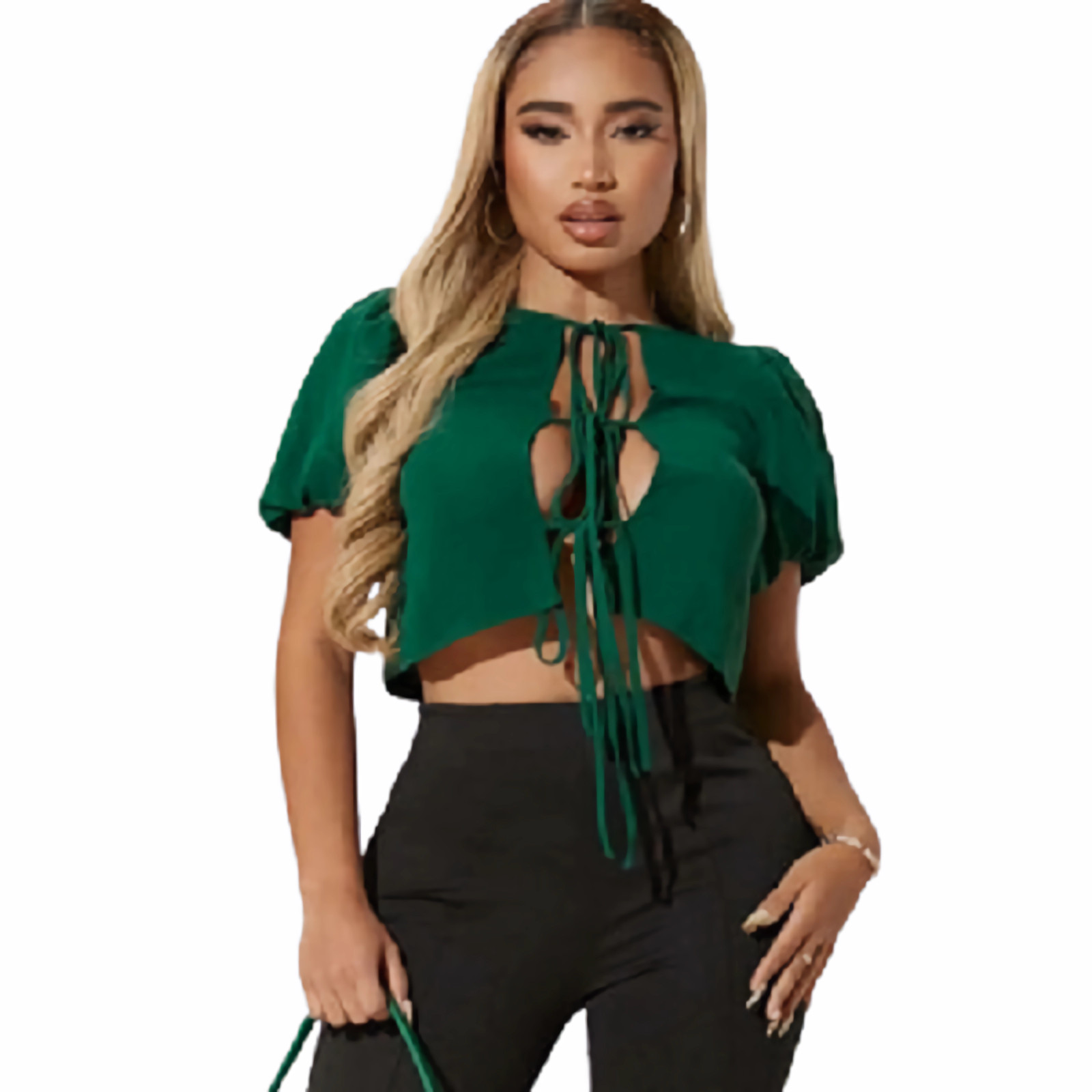 Camisa Estilo Sexy Manga Farol Verde Liso Escote Corbata Semitransparente