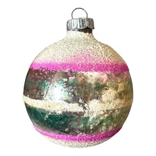 Vintage Shiny Brite Glass Mica Stencil Christmas Ornament Pink Green Stripes SEE