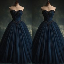 Vintage Drak Blue Strapless Wedding Dresses with Black Lace Appliques A Line