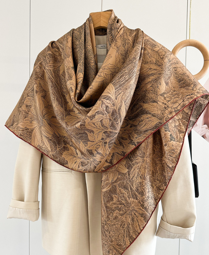 100% Mulberry Silk 53'' Square Scarf Women Neckerchief Wrap Brown Forest Print