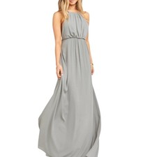Show Me Your Mumu Heather Maxi Dress Silver Sage Halter Open Back Slit Small