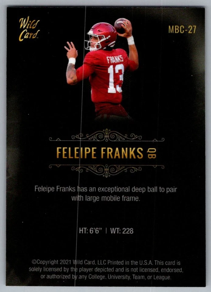 2021 Wild Card Matte White Feleipe Franks Arkansas Razorbacks #MBC-27 - Image 2 of 2