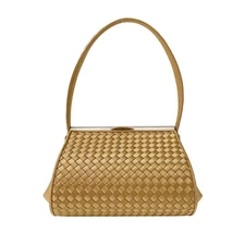 BOTTEGA VENETA Gold Satin Intrecciato Top Handle Bag