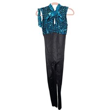 Blue Sequined Dance Costume Unitard Jumpsuit Fitted Adult Small Med Tights