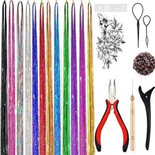 Hair Tinsel Kit with Tools 12 Colors Fairy Glitter Tinsel Hair Extensions