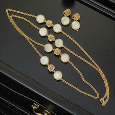 Vtg Emmons 44" Necklace Mother of Pearl & Asian Links w/ Earrings Set Goldtone