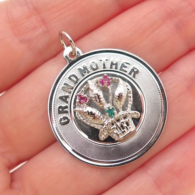 925 Sterling Silver Vintage Rhinestone Grand Mother Flower Charm Pendant