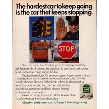 Quaker State Motor Oil Vintage Print Ad 1972 Stop Sign Police School Bus