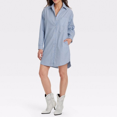 Universal Thread Long Sleeve Mini Shirt Dress Blue Striped Preppy Beach Size M - 第 1/4 張圖片