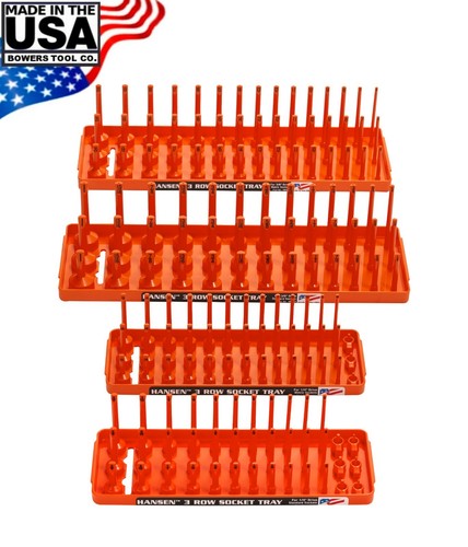 Hansen 4pc Socket Holder Tray Organizer Set 3 Row 1/4" 3/8" Deep Shallow Orange - Picture 2 of 11