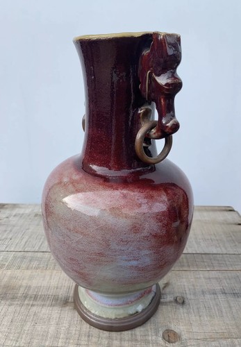 Old Antique Chinese Copper Red Glazed Yixing Vase Dragon Handles 1920 11 1/2” - Picture 2 of 8