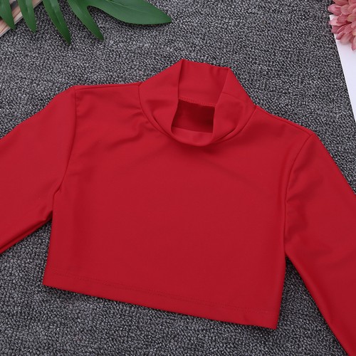 Girls Stretch Long Sleeve Crop Top Dance Gymnastics Turtleneck Blouse Shirt Tops - Picture 6 of 59