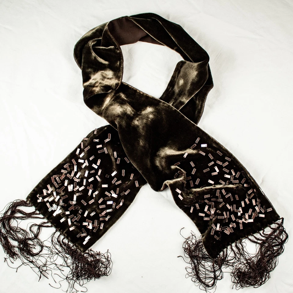 Cachecol retangular feminino vintage marrom veludo seda franja lantejoulas 64 L x 6 W - Imagem 3 de 4