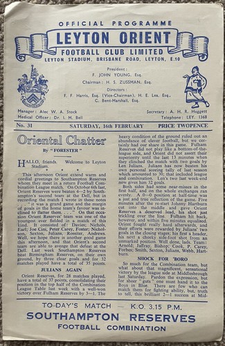 Leyton Orient Reserves v Southampton Reserves 16th February 1957