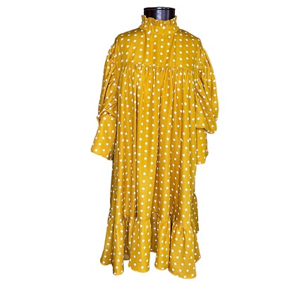Boohoo Mustard Yellow Polkadot Puff Short Sleeve Ruffle Tier Dress size 16
