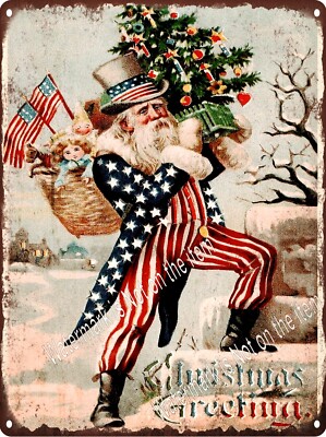 1912 Christmas Tree Uncle Sam Santa Claus Merry Greetings Metal