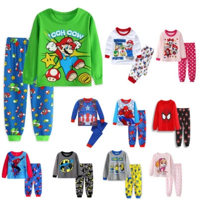 2-teiliges Kinder Jungen Mädchen Super Mario Langarm Pyjama Set T-Shirt Shorts Alter 1-7 Jahre