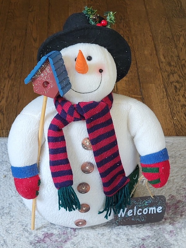 Decorative 15" Standing Plush Snowman. Christmas, Frosty, Welcome, Magic Top Hat