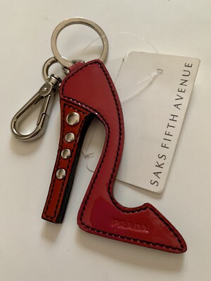 Prada Key Chain Charm, Patent Leather, Studded Saffiano Stiletto NWT Retail@$395