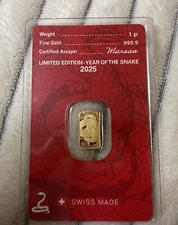 2025 Argor Heraeus 1g Gold Bar – Year of the Snake | New w/ Assay Card, Sealed
